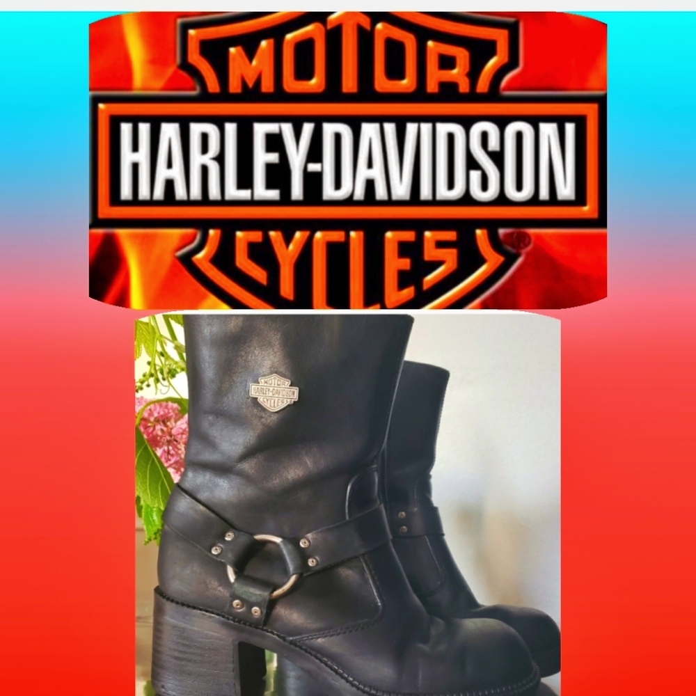 💣HARLEY DAVIDSON HEELED SHORT BLACKMOTO BOOTS - Picture 2 of 11